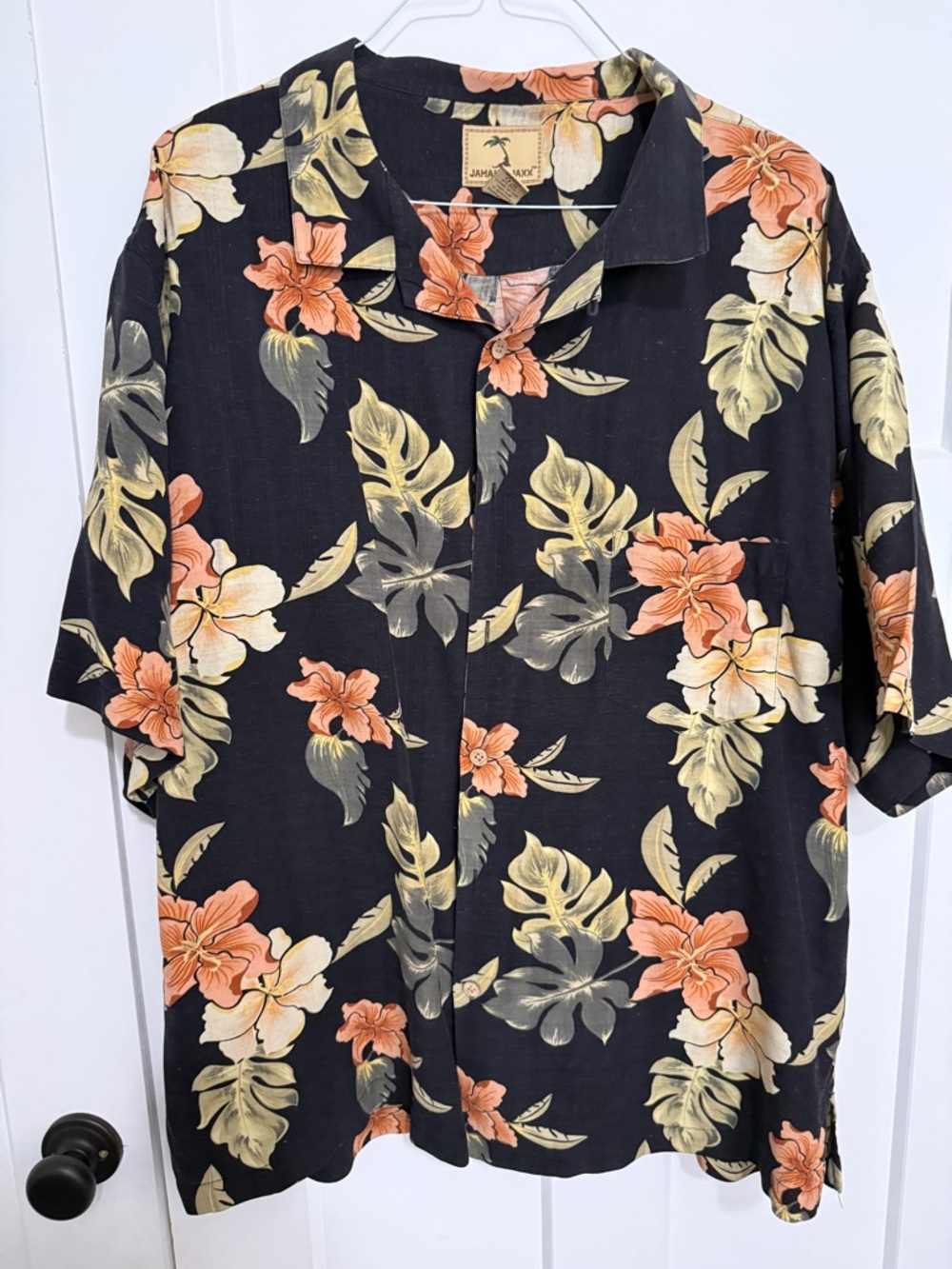 Jamaica Jaxx Black Silk Hawaiian Shirt with Peach & Cream Flowers